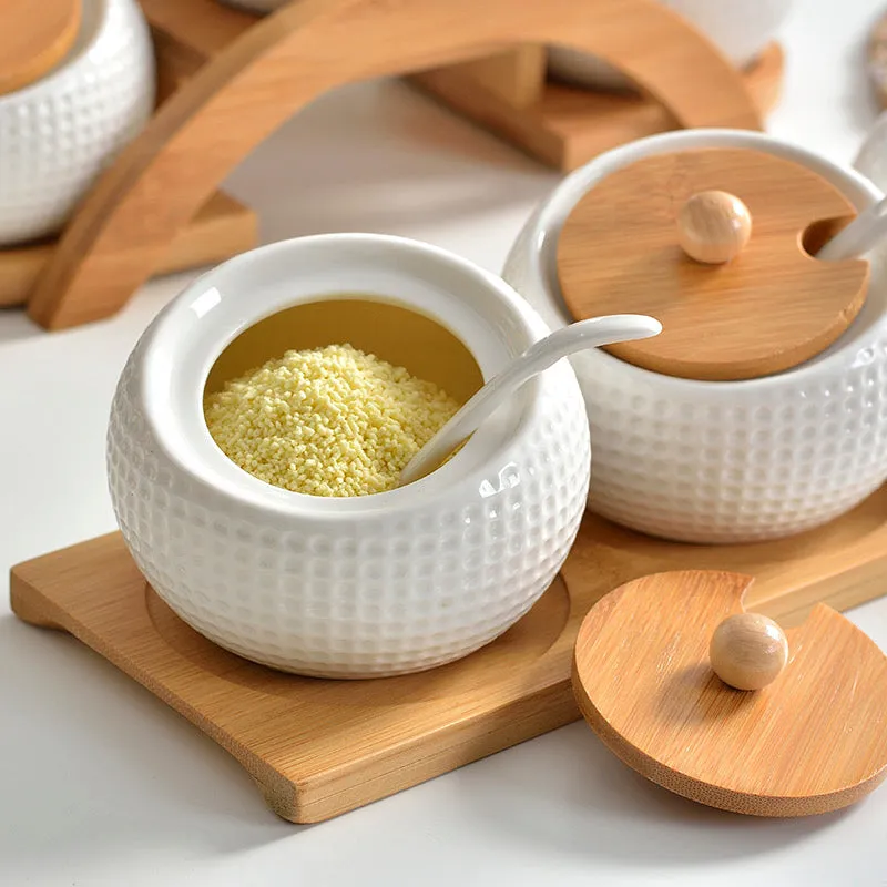 Ceramic Condiment Storage Jar with Bamboo Tray