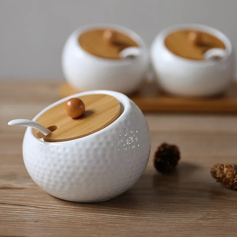 Ceramic Condiment Storage Jar with Bamboo Tray