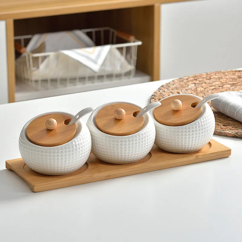 Ceramic Condiment Storage Jar with Bamboo Tray