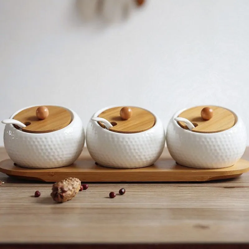 Ceramic Condiment Storage Jar with Bamboo Tray