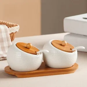 Ceramic Condiment Storage Jar with Bamboo Tray