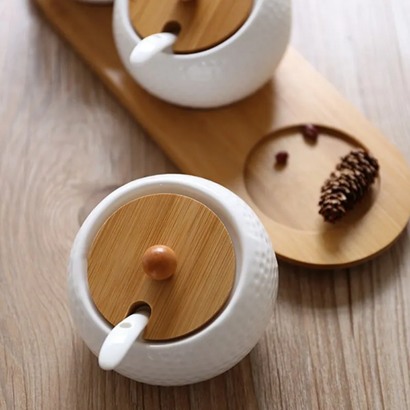Ceramic Condiment Storage Jar with Bamboo Tray
