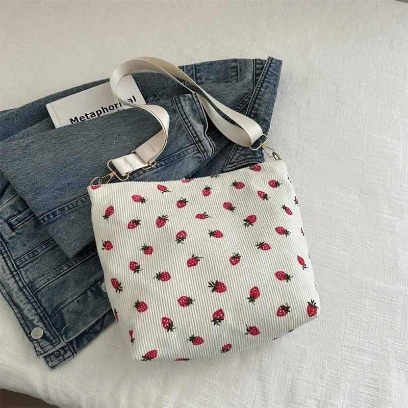 Classic Corduroy Strawberry Printing Shoulder Bag Removable Adjustable Strap Crossbody Bag Women Student Cute Fruit Tote Bag