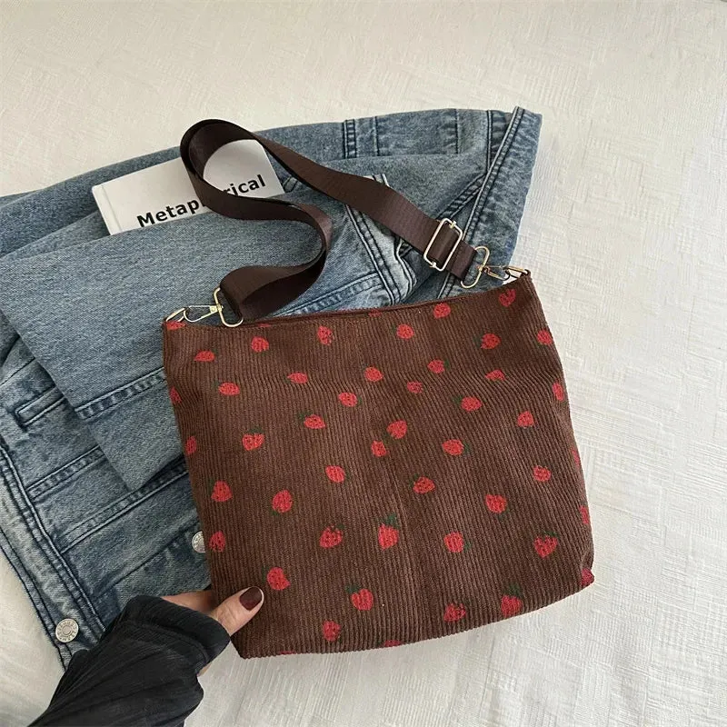 Classic Corduroy Strawberry Printing Shoulder Bag Removable Adjustable Strap Crossbody Bag Women Student Cute Fruit Tote Bag