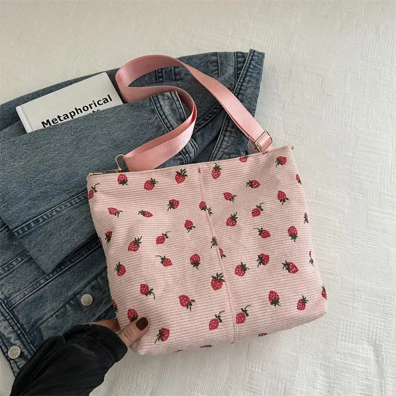 Classic Corduroy Strawberry Printing Shoulder Bag Removable Adjustable Strap Crossbody Bag Women Student Cute Fruit Tote Bag