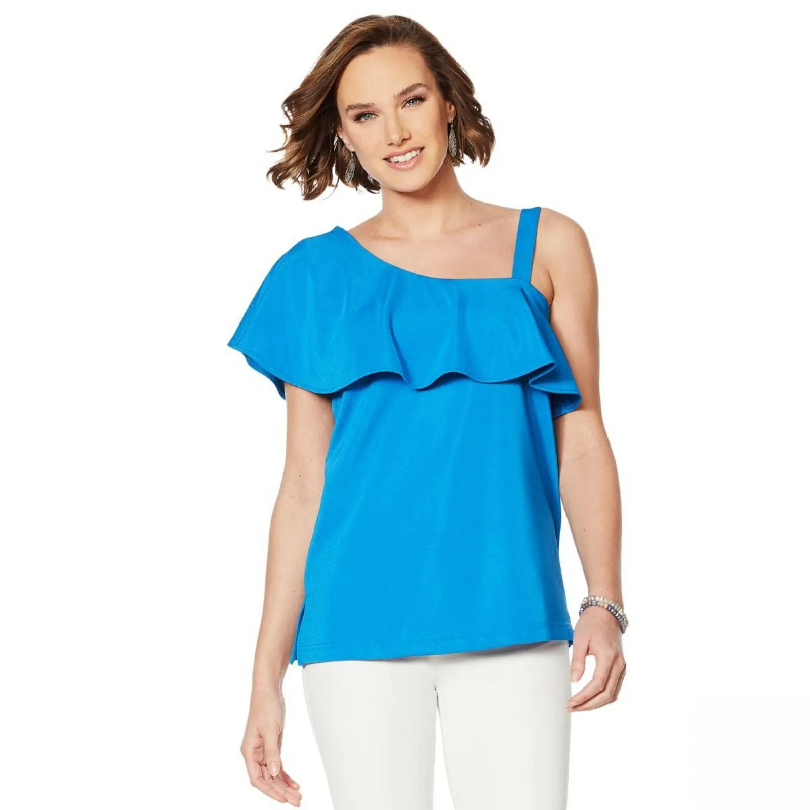 Colleen Lopez Women's Asymmetric Off-Shoulder Flounce Top Ocean Plus 3X