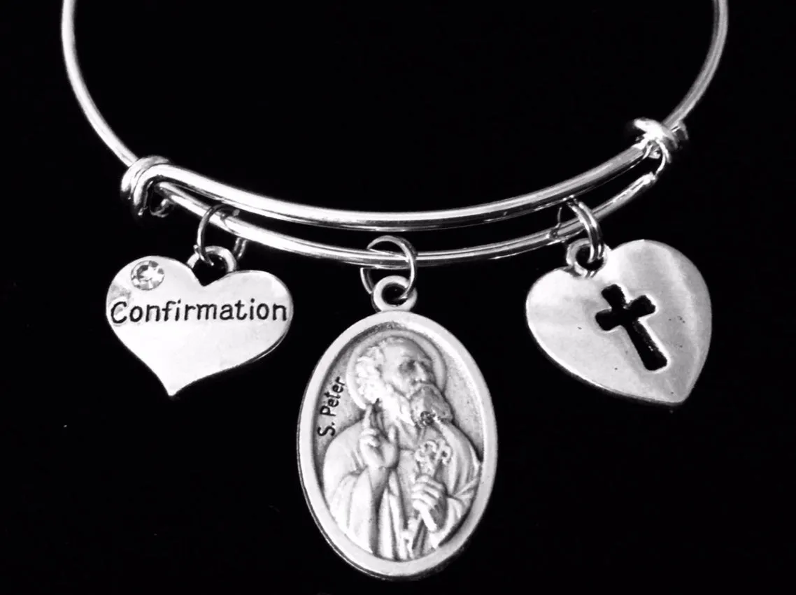 Confirmation Jewelry Saint Peter Adjustable Bracelet Silver Expandable Bangle Medal Catholic Gift