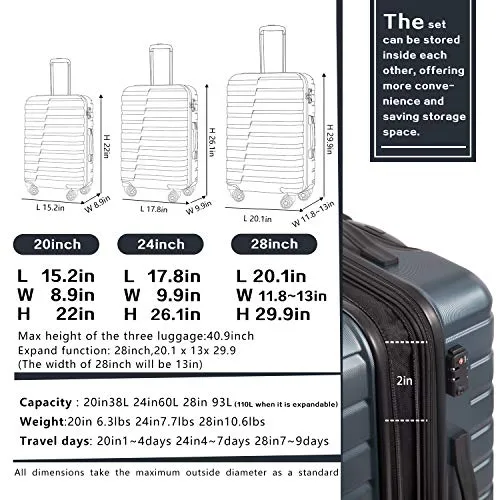 COOLIFE Luggage Expandable(only 28'') Suitcase PC ABS TSA Lock Spinner Carry on new fashion design (gray, 3 piece set)