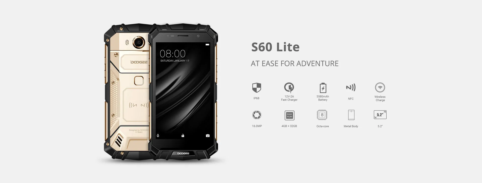 DOOGEE S60 Lite Smart Phone - 5.2 Inch, IP68 Waterproof, Octa Core, 4GB RAM 32GB ROM, 5580mAh - Black