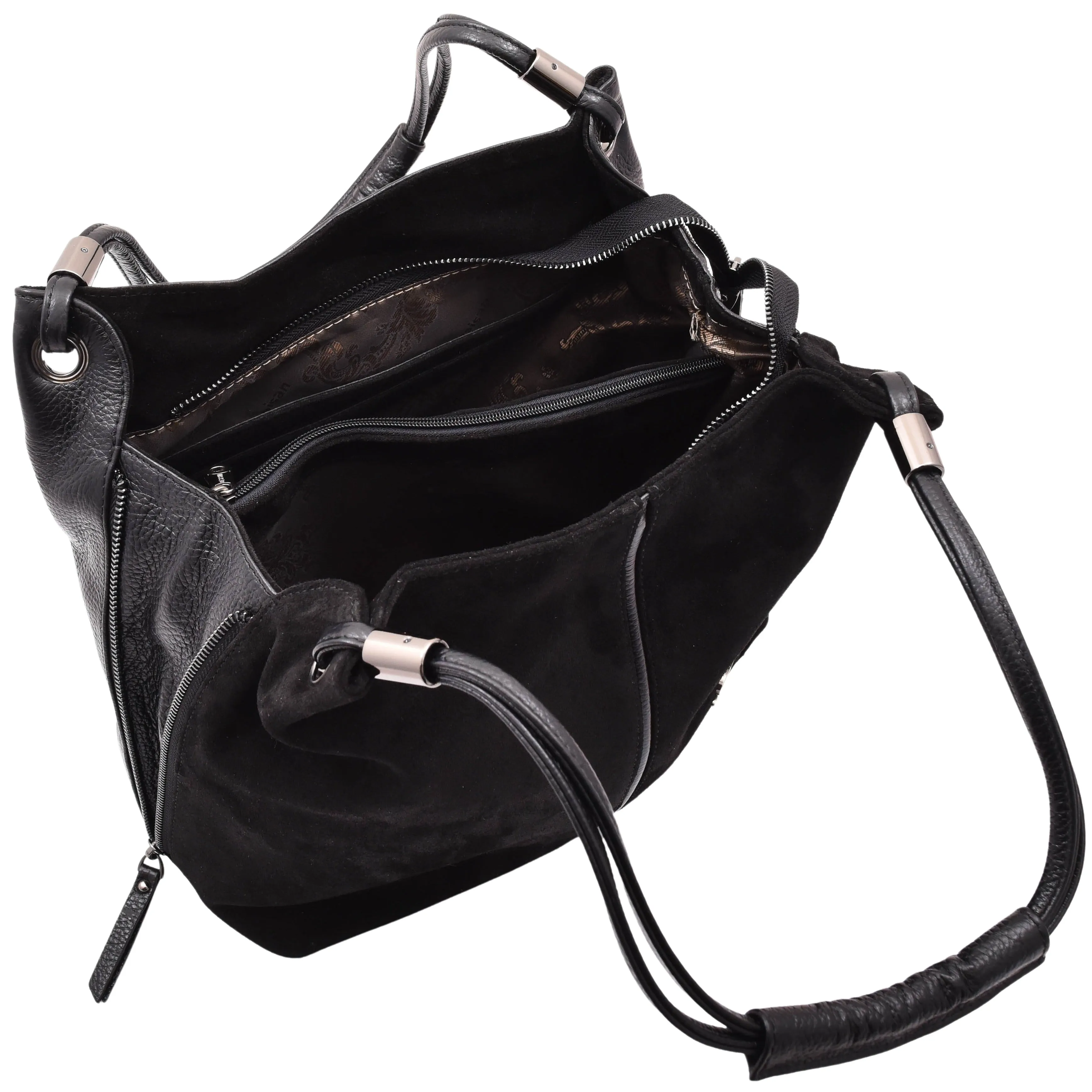 DR593 Women's Suede Leather Large Shoulder Bag Zip Hobo Bag Black