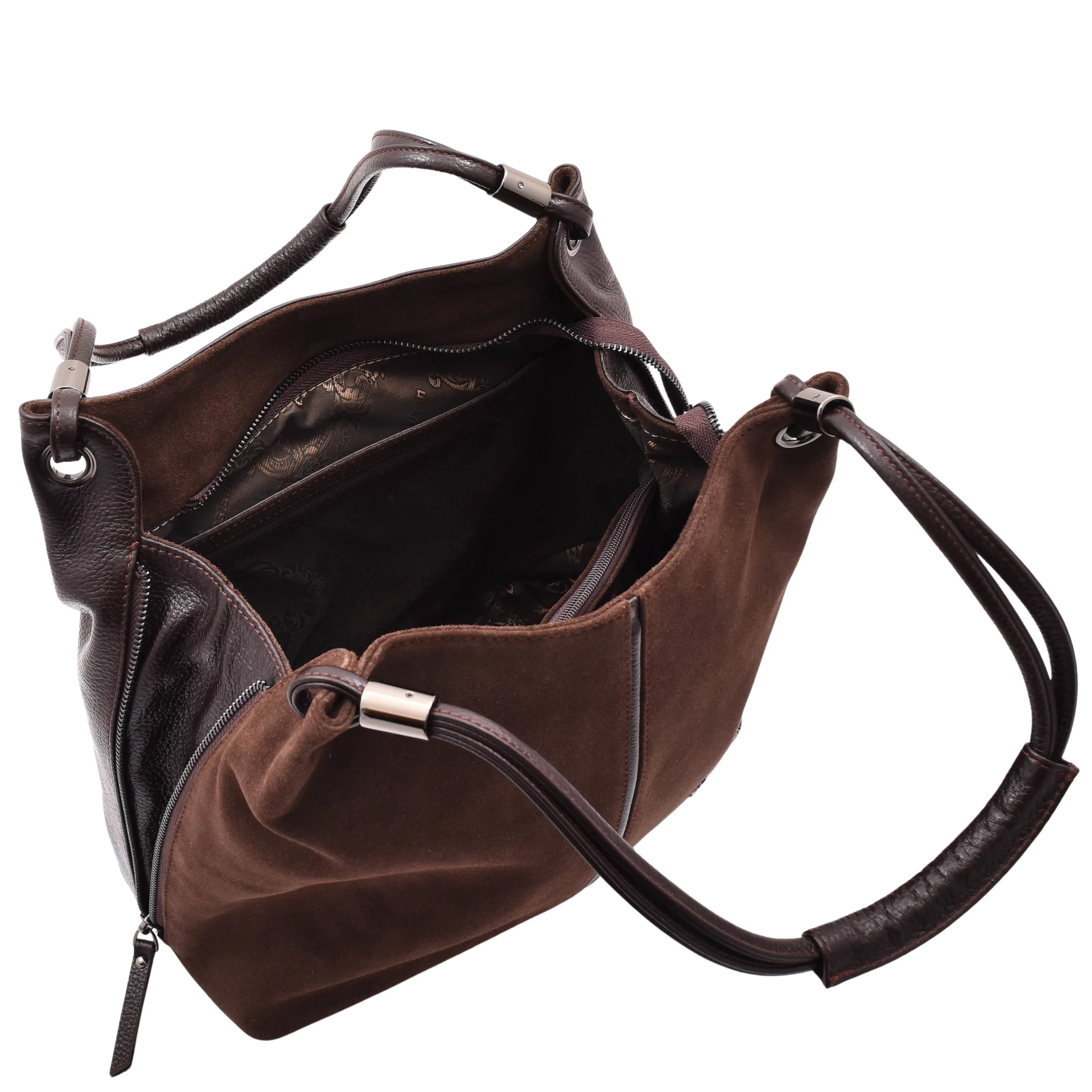 DR593 Women's Suede Leather Large Shoulder Bag Zip Hobo Bag Brown
