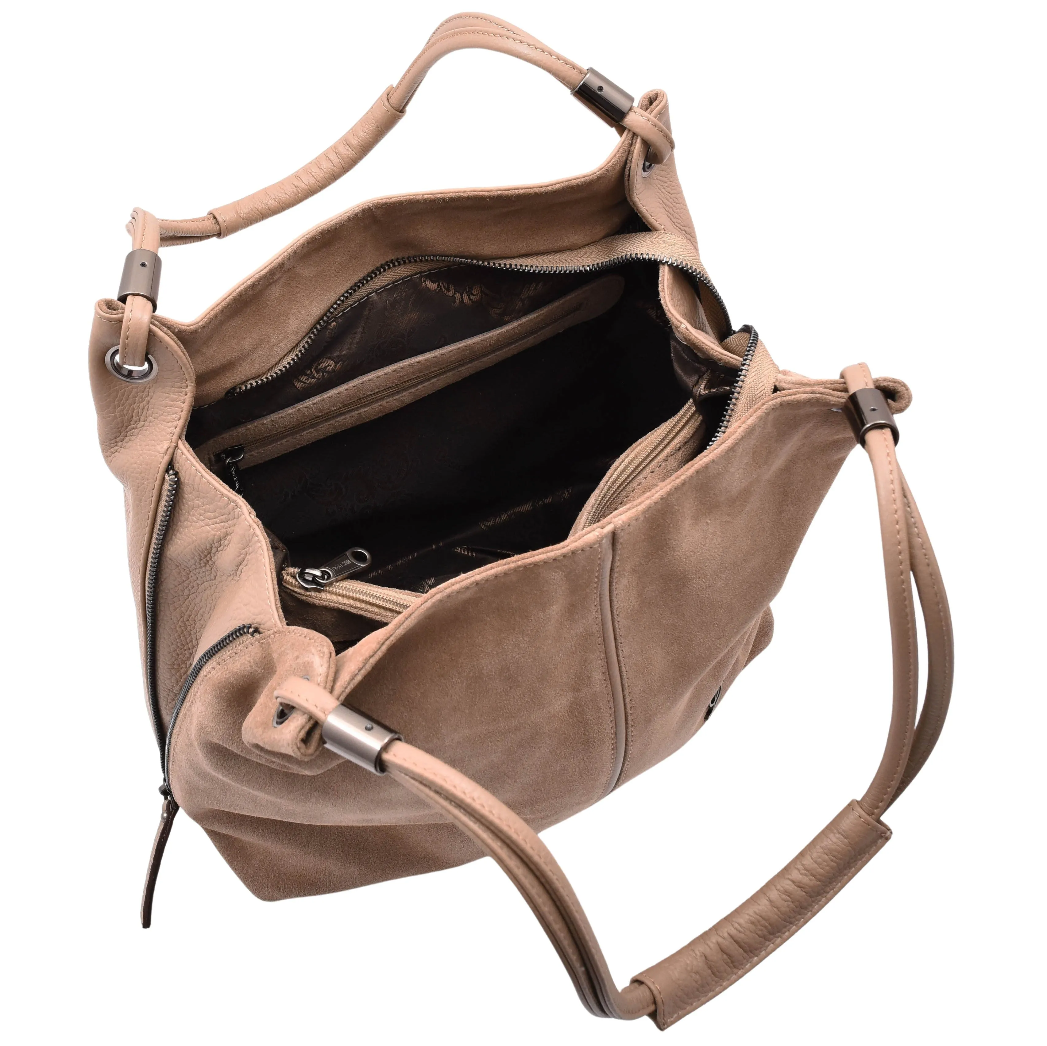 DR593 Women's Suede Leather Large Shoulder Bag Zip Hobo Bag Taupe
