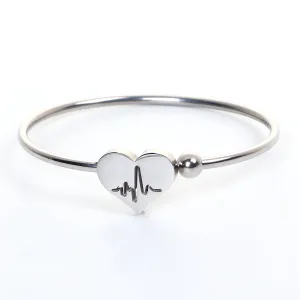 EKG Heartbeat Electrocardiogram 304 Stainless Steel Open Cuff Bangle Bracelet Silver Heart Nurse Gift
