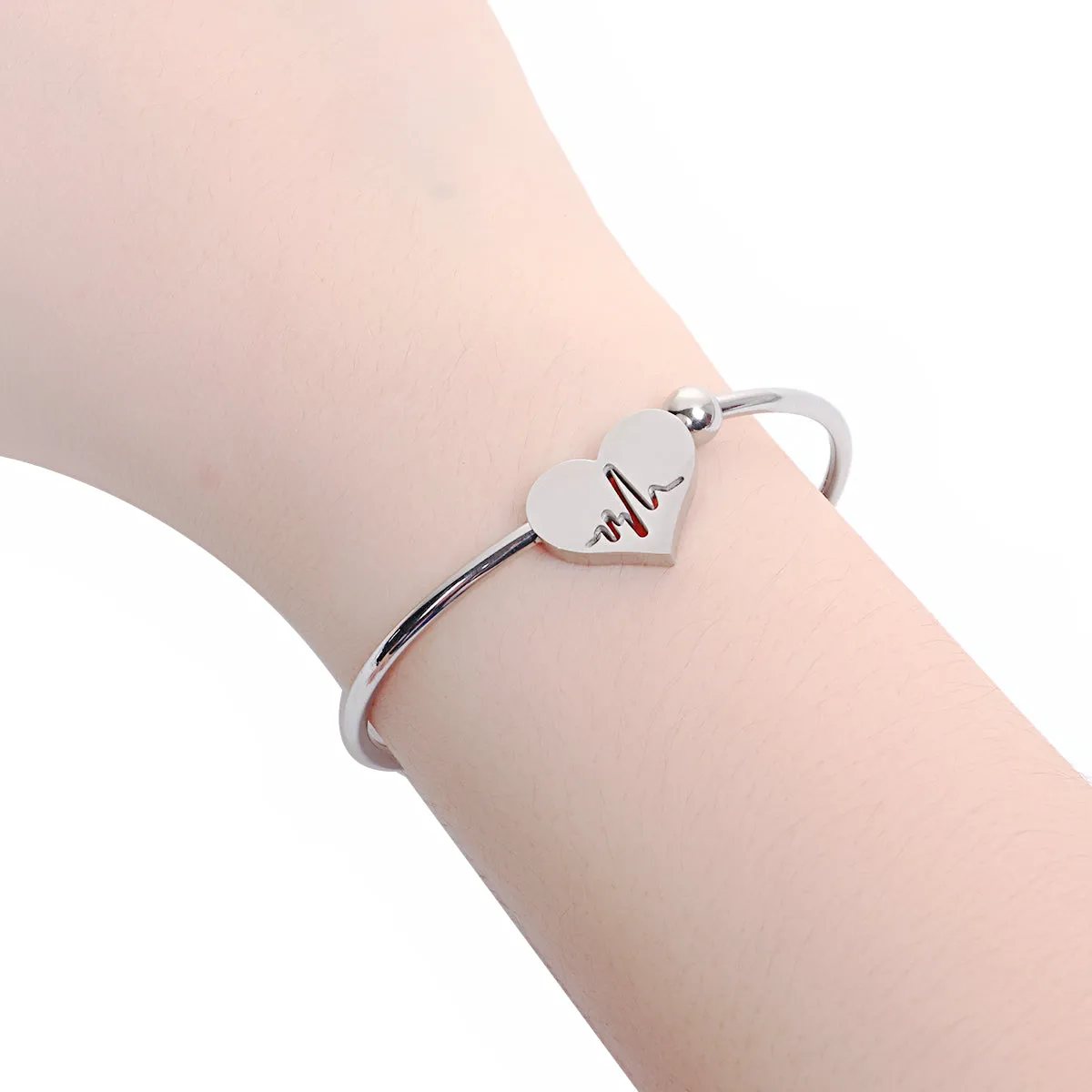 EKG Heartbeat Electrocardiogram 304 Stainless Steel Open Cuff Bangle Bracelet Silver Heart Nurse Gift