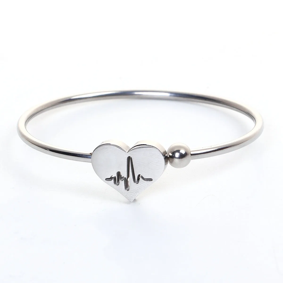 EKG Heartbeat Electrocardiogram 304 Stainless Steel Open Cuff Bangle Bracelet Silver Heart Nurse Gift