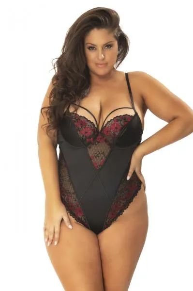 Esperanza Satin Dual Tone Lace Teddy - Black/Red - Size