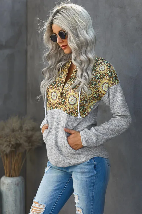 Floral Drawstring Half Snap Hoodie With Pocket