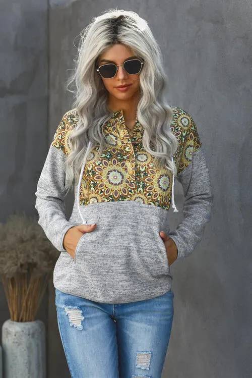 Floral Drawstring Half Snap Hoodie With Pocket