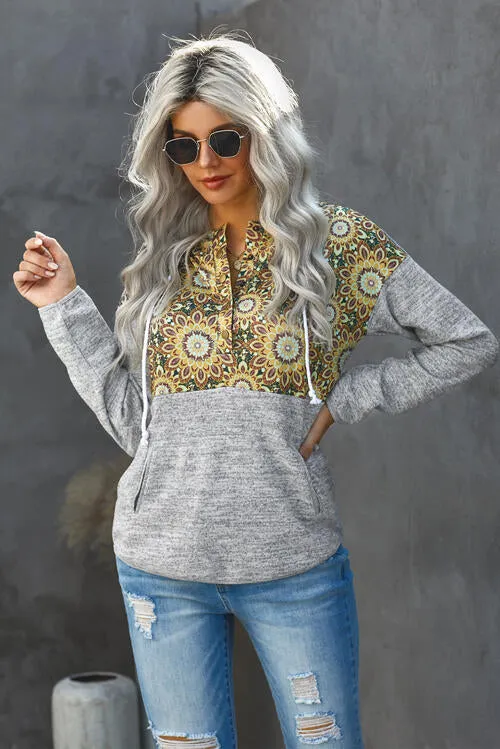 Floral Drawstring Half Snap Hoodie With Pocket