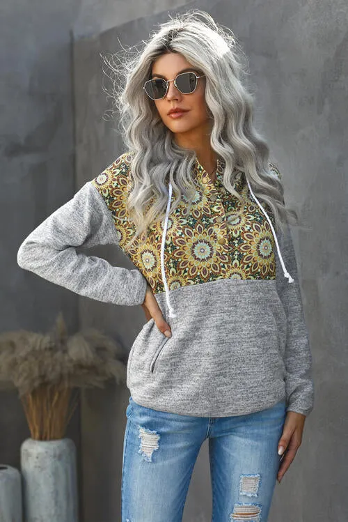 Floral Drawstring Half Snap Hoodie With Pocket