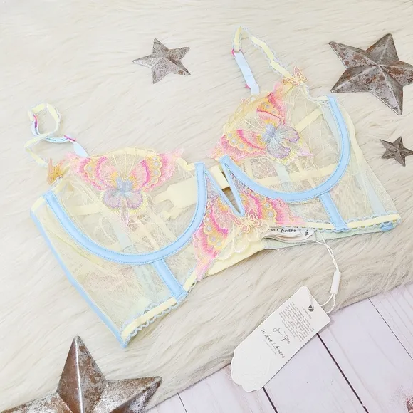 For Love and Lemons Pastel Papillon longline bra butterflies lace size 34C NEW