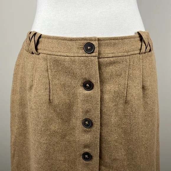 French Connection Tan Metallic Button Front Wool Blend Skirt Academia Sz 10