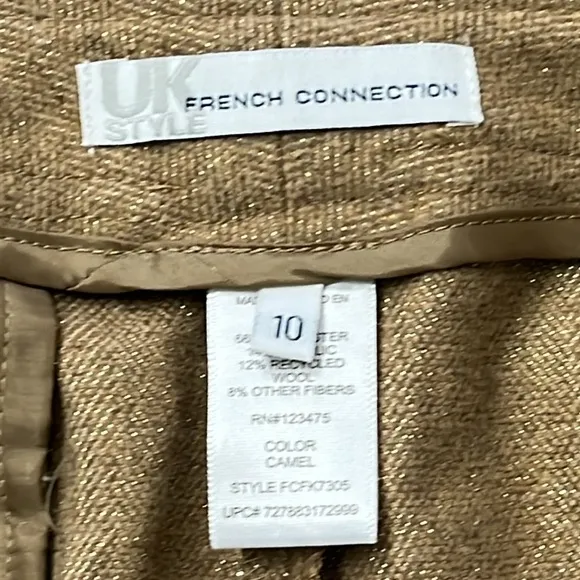 French Connection Tan Metallic Button Front Wool Blend Skirt Academia Sz 10