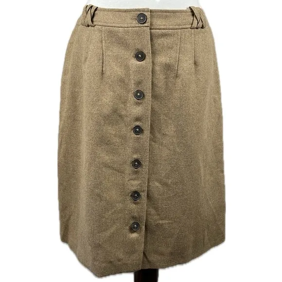 French Connection Tan Metallic Button Front Wool Blend Skirt Academia Sz 10