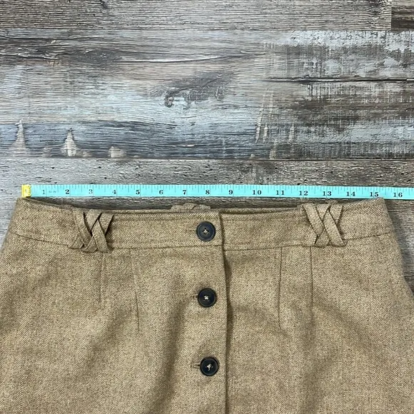 French Connection Tan Metallic Button Front Wool Blend Skirt Academia Sz 10