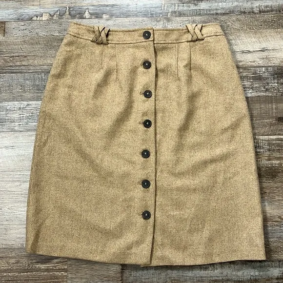 French Connection Tan Metallic Button Front Wool Blend Skirt Academia Sz 10