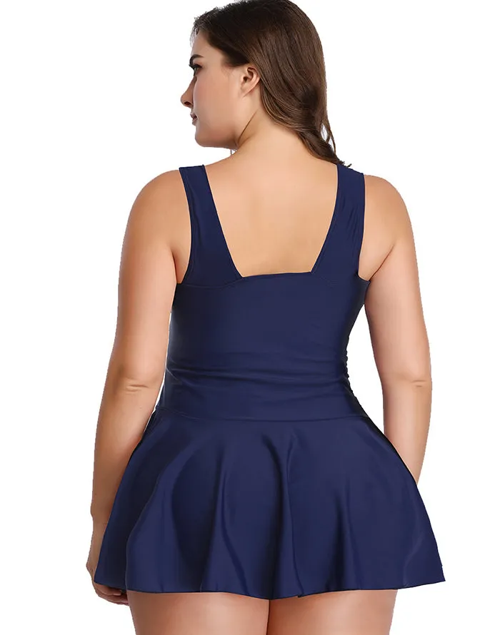 FULLFITALL-Dark Blue V-Neck Skirt One Piece Swimdress