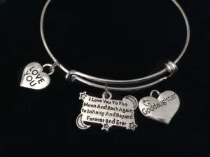 God Daughter I Love you to the Moon and Back Silver Expandable Charm Bracelet Adjustable Wire Bangle Gift