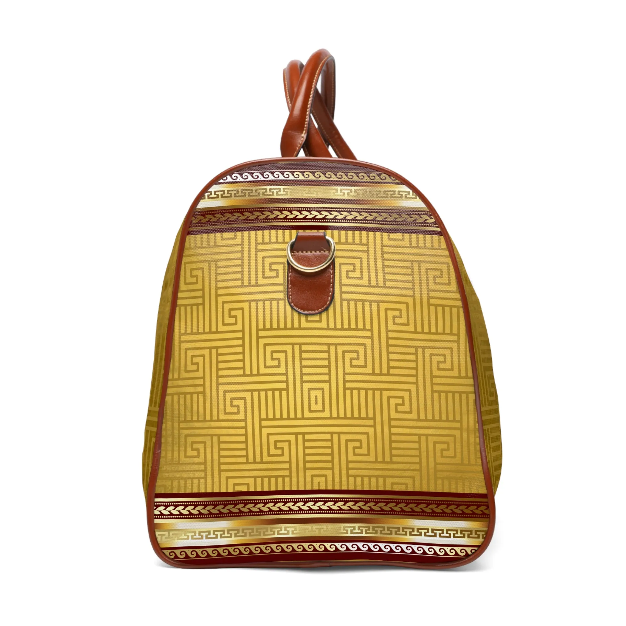 Gold Greek Key Maroon Trim Waterproof Travel Bag
