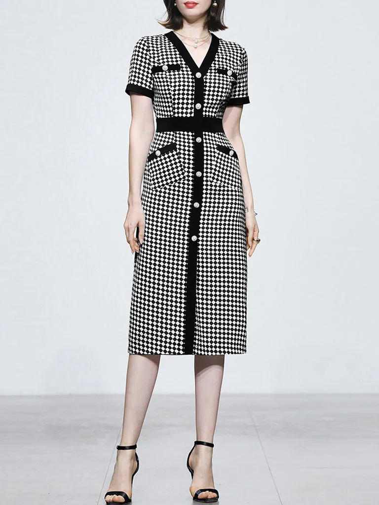Green V Neck Checkerboard Print Short Sleeve 1940S Vintage Dress With Pockets