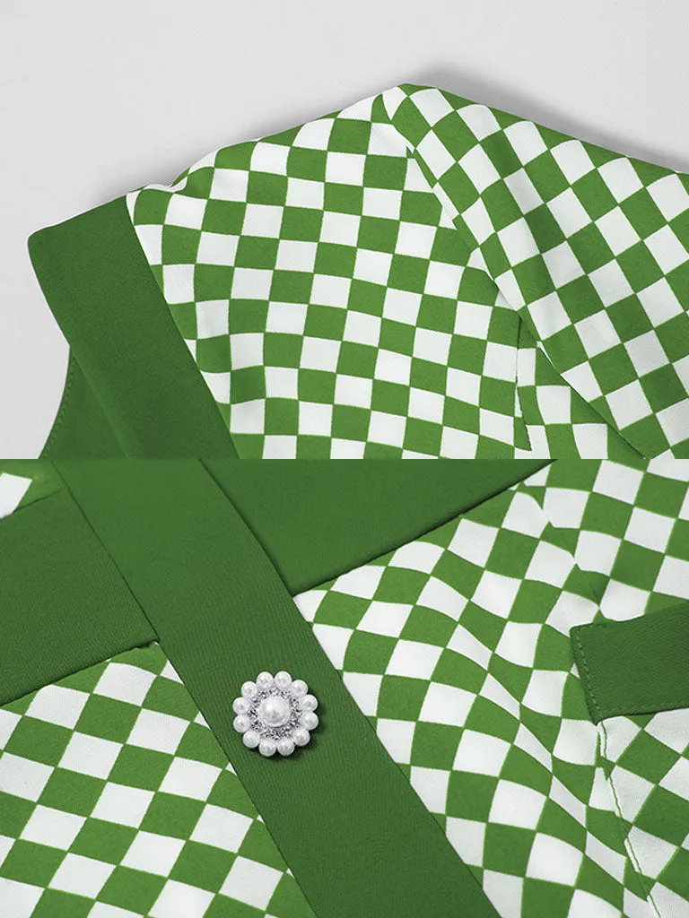 Green V Neck Checkerboard Print Short Sleeve 1940S Vintage Dress With Pockets