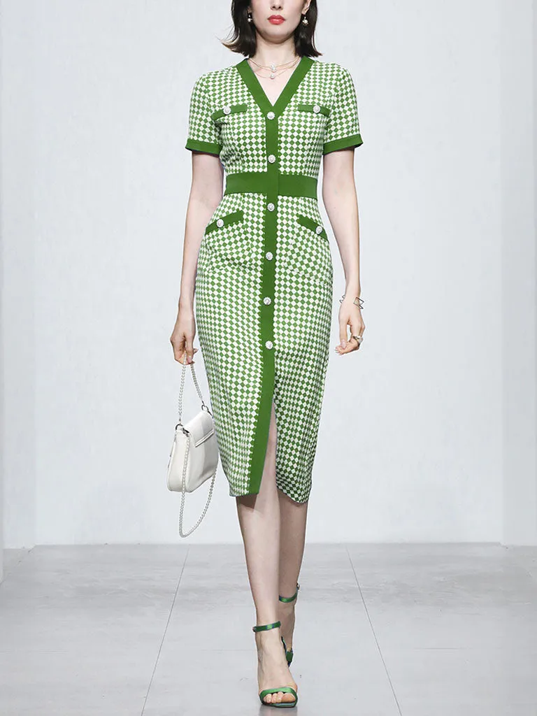 Green V Neck Checkerboard Print Short Sleeve 1940S Vintage Dress With Pockets