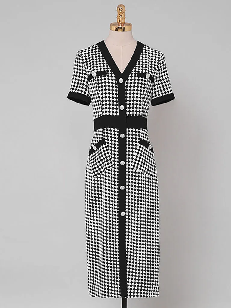 Green V Neck Checkerboard Print Short Sleeve 1940S Vintage Dress With Pockets