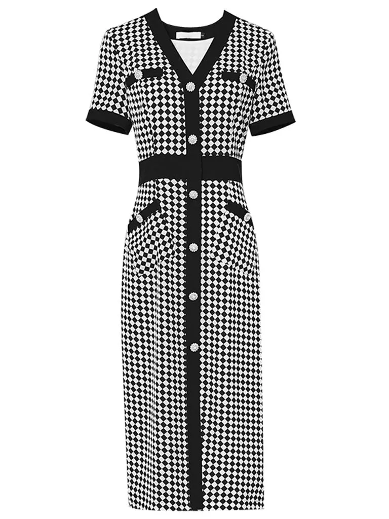 Green V Neck Checkerboard Print Short Sleeve 1940S Vintage Dress With Pockets