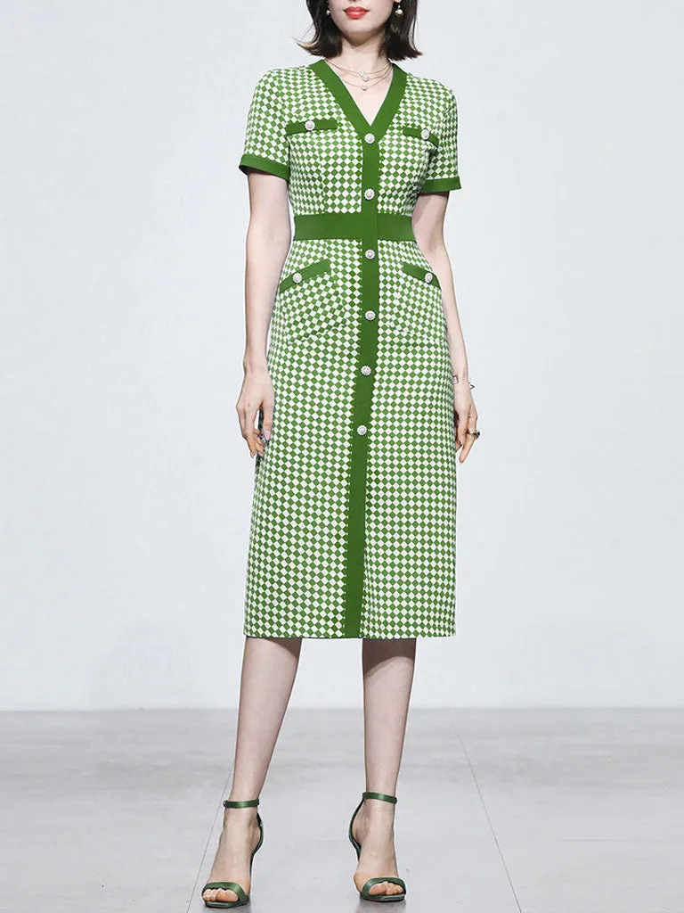 Green V Neck Checkerboard Print Short Sleeve 1940S Vintage Dress With Pockets