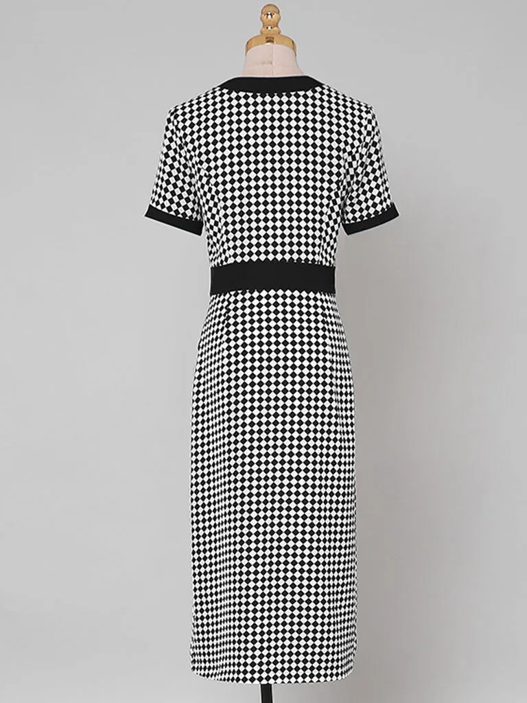 Green V Neck Checkerboard Print Short Sleeve 1940S Vintage Dress With Pockets
