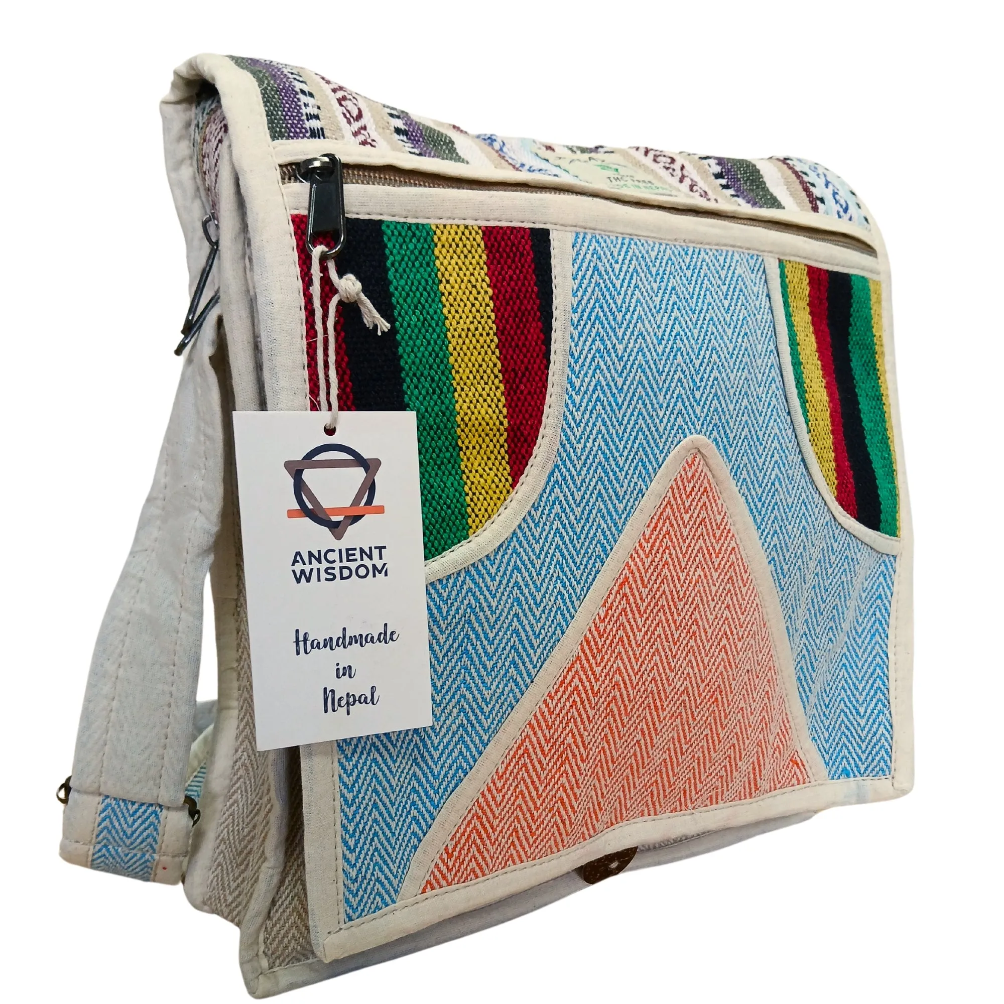 Handcrafted Hemp Laptop Messenger Bag with Geometric Design - Made in Nepal