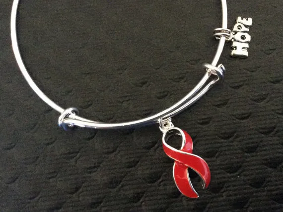 Heart and Stroke Red Awareness Ribbon Expandable Charm Bracelet Adjustable Bangle Go Red Gift (Other Awareness Ribbons Available)
