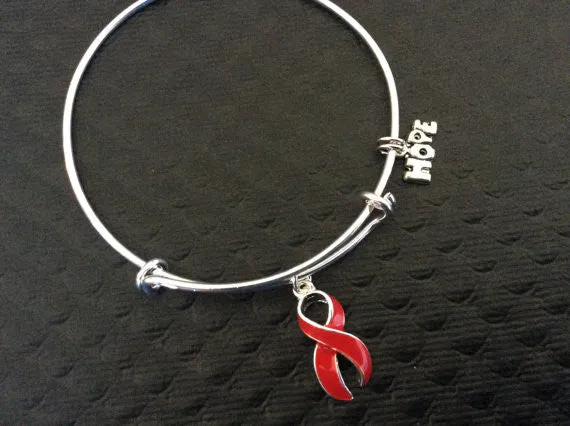 Heart and Stroke Red Awareness Ribbon Expandable Charm Bracelet Adjustable Bangle Go Red Gift (Other Awareness Ribbons Available)