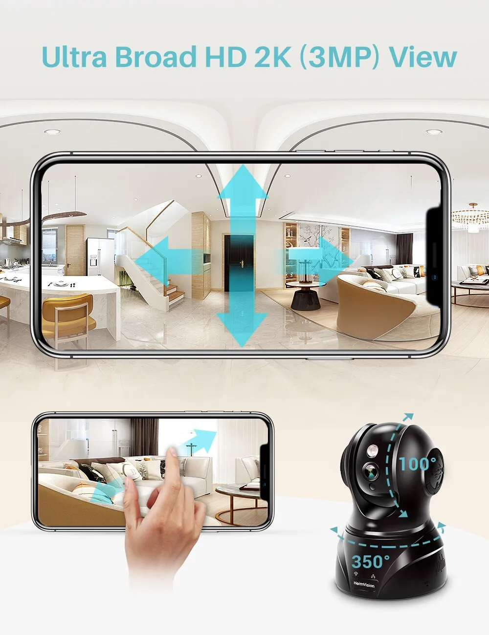 HMC02MQ 3MP 2K Security IP Camera WiFi PTZ Indoor Pet Wireless Camera Night Vision Motion Dection Works with Alexa