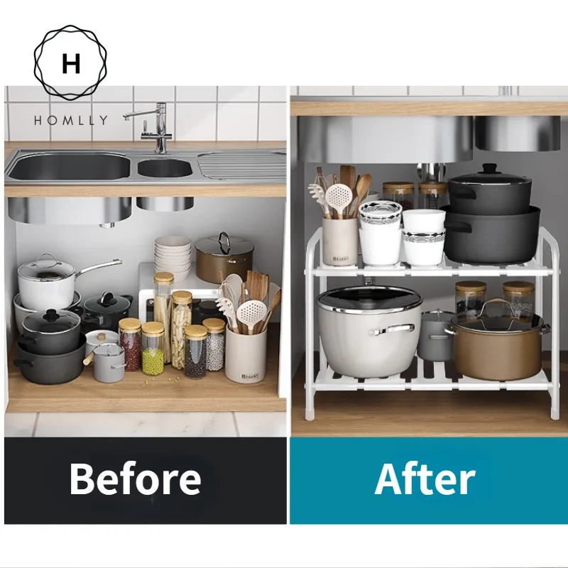 Homlly Under Sink 2 Tier Expandable Shelf Rack with Removable Panels