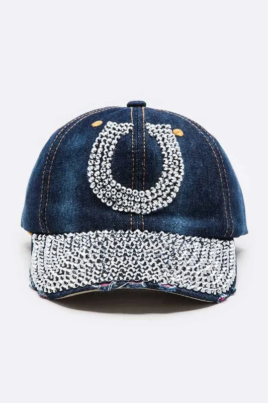 Horse Shoe Crystal Embellished Cotton Cap