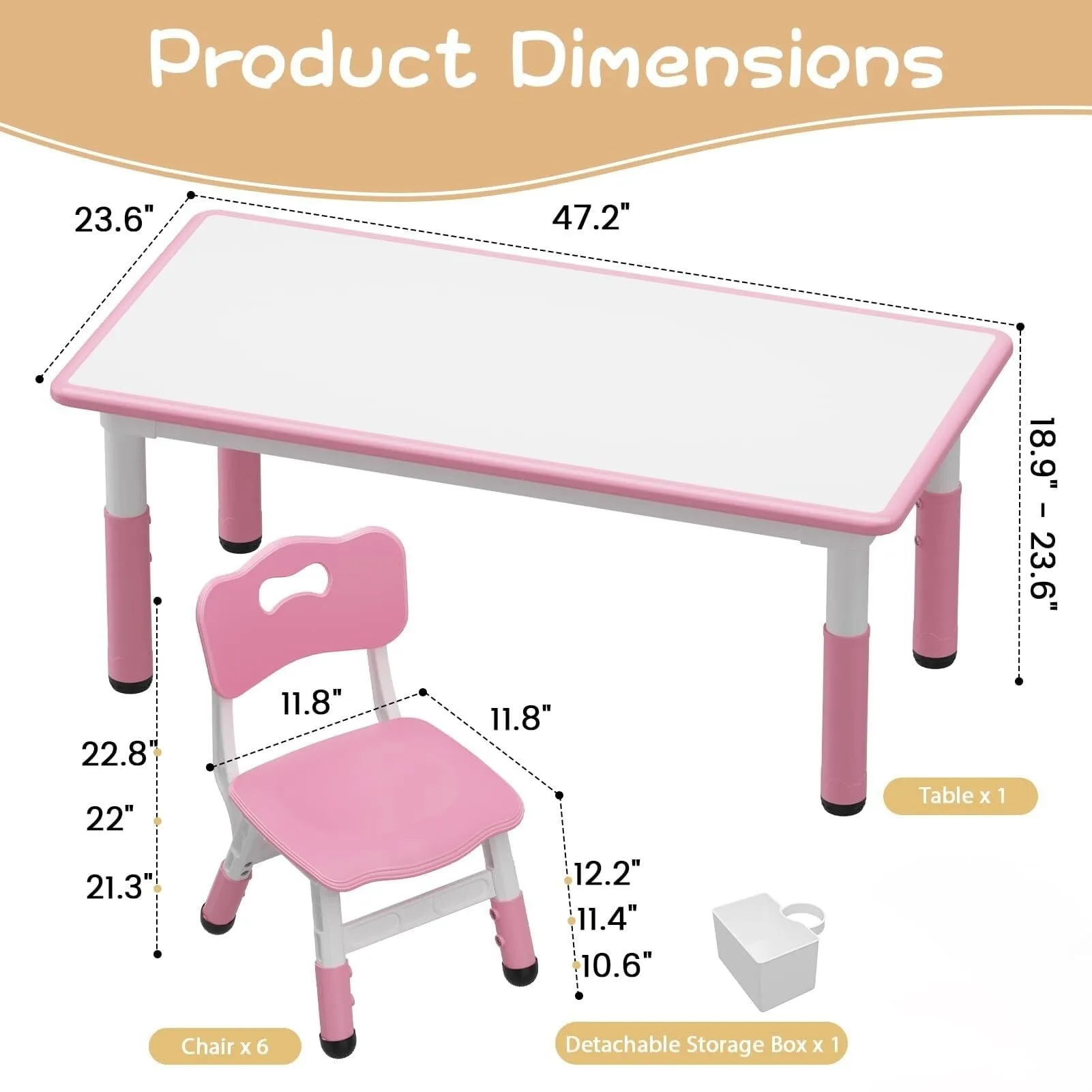 Kids Table and 6 Chairs Set Pink Wood Almond