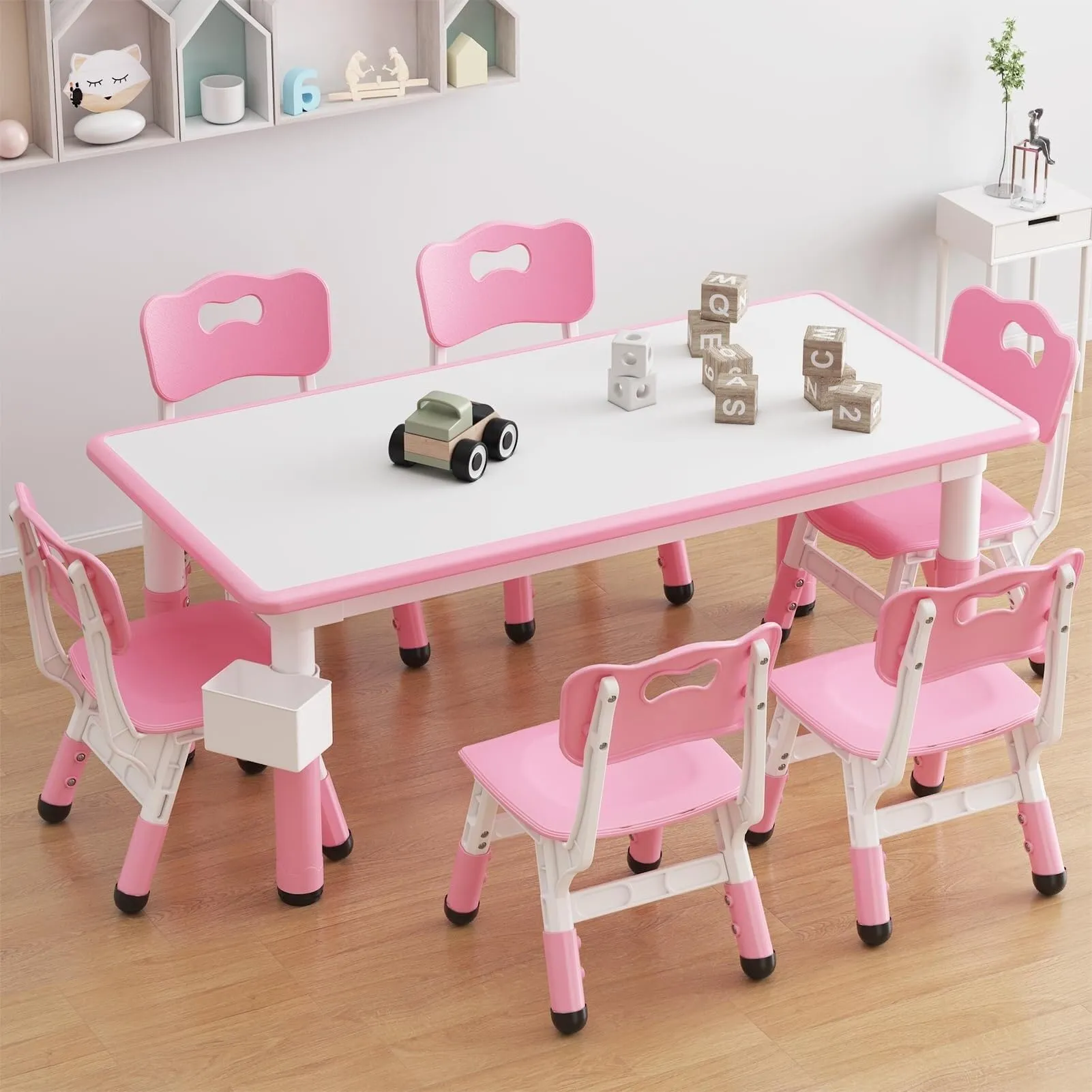 Kids Table and 6 Chairs Set Pink Wood Almond