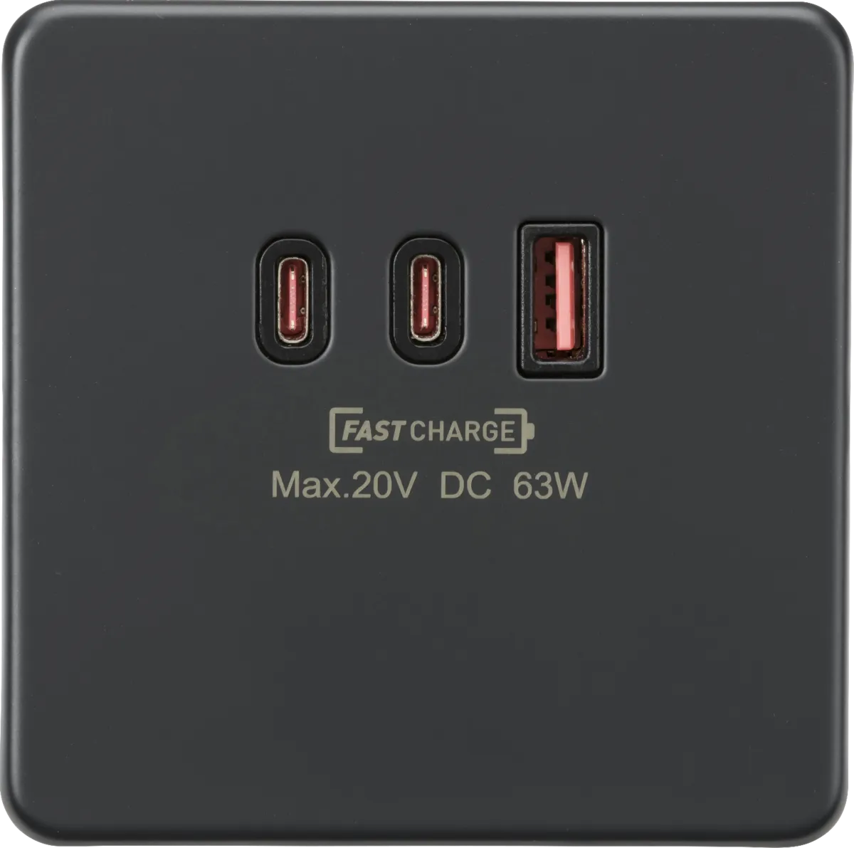 Knightsbridge SF63WAT Screwless 230V Triple USB Charger Plate 2xUSB-C 1xUSB-A [20V DC Max. 63W] - Anthracite