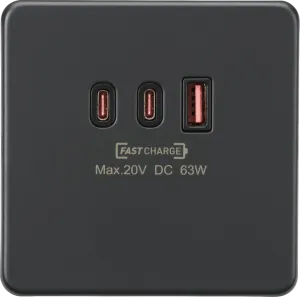Knightsbridge SF63WAT Screwless 230V Triple USB Charger Plate 2xUSB-C 1xUSB-A [20V DC Max. 63W] - Anthracite